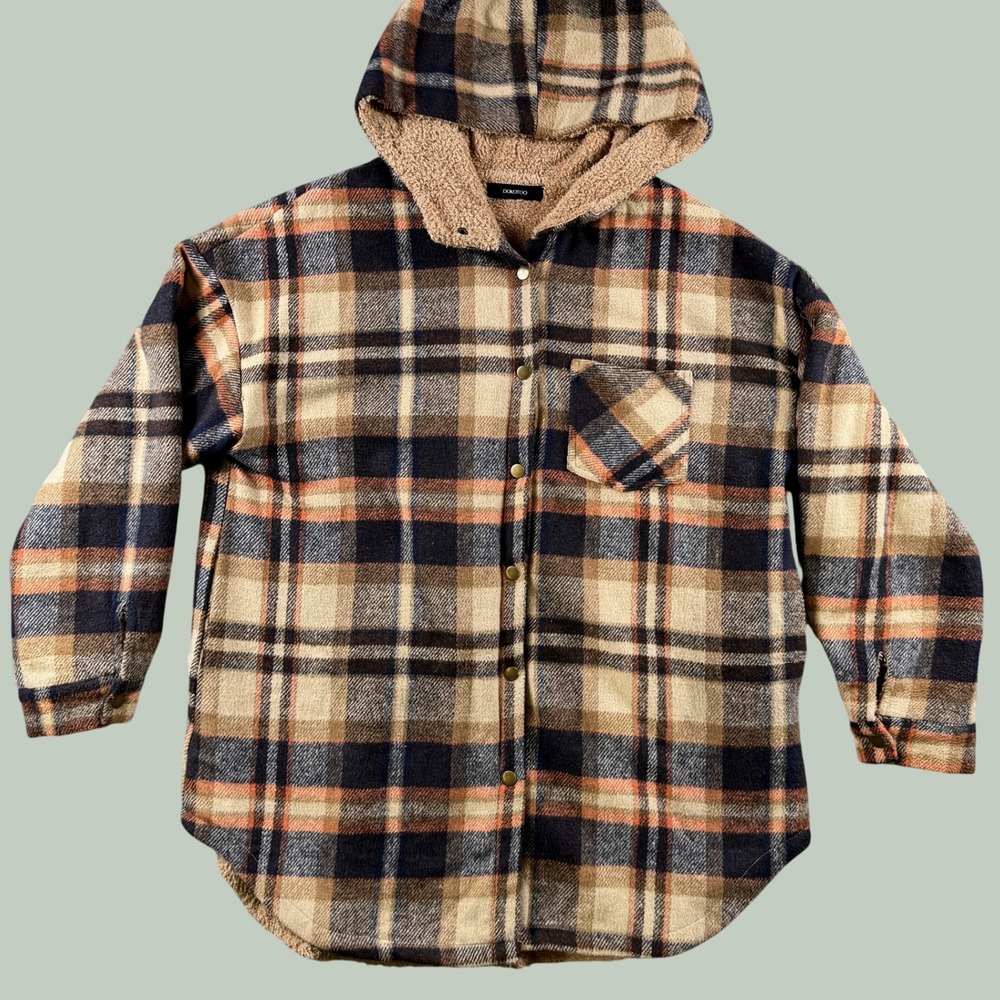 Dokotoo Shacket Women Xl Brown Plaid Sherpa Lined Hooded Flannel Coat Oversized